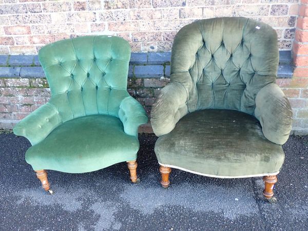 TWO VICTORIAN ARMCHAIRS, WITH BUTTONED UPHOLSTERY