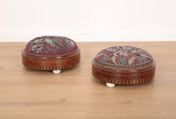 A PAIR OF VICTORIAN WALNUT AND PARQUETRY STOOLS