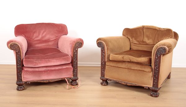 A PAIR OF WALNUT AND BEECHWOOD ARMCHAIRS