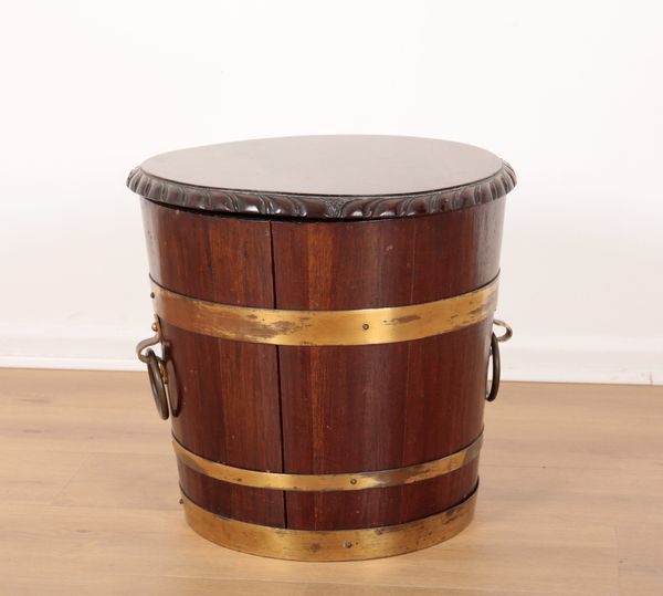 A MAHOGANY AND BRASS BANDED LIDDED LOG BOX