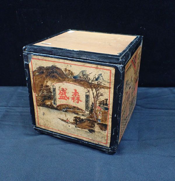 A CHINESE TEA BOX, DECORATED WITH PRINTED SCENES