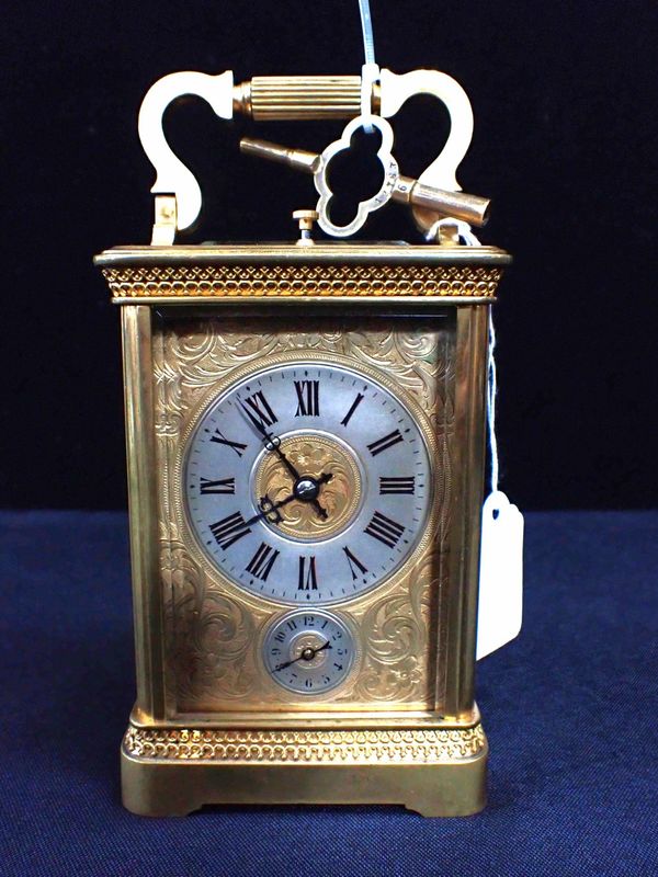 A BRASS-CASED FRENCH CARRIAGE CLOCK, WITH REPEAT AND ALARM