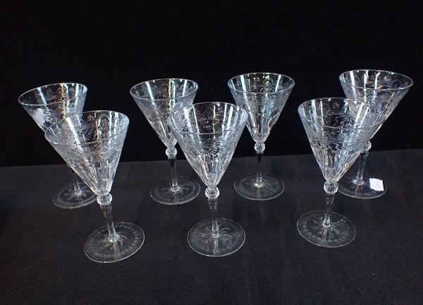 SEVEN EDWARDIAN WINE GLASSES WITH ENGRAVED DECORATION