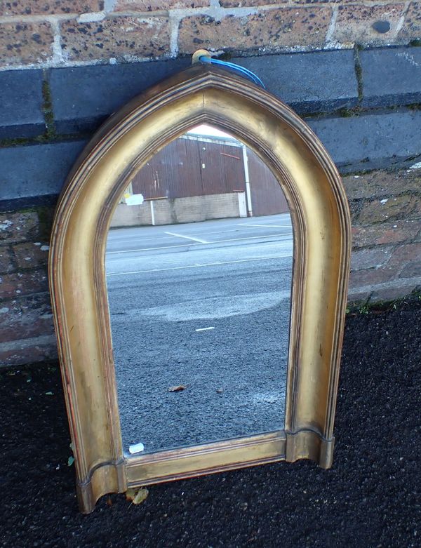 A VICTORIAN GOTHIC LANCET GILT FRAME WALL MIRROR