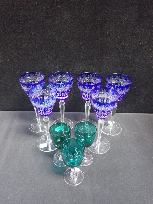 A SET OF BLUE BOHEMIAN WINE GLASSES