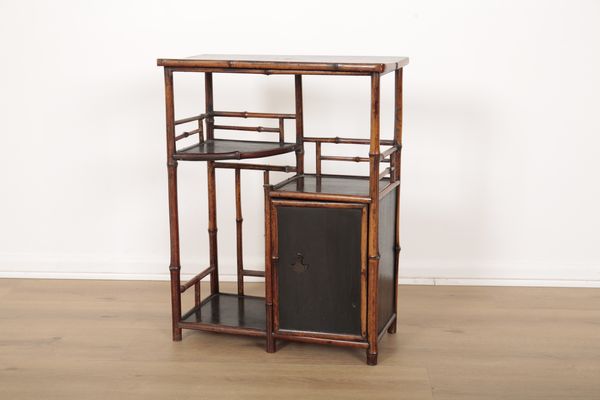 A SET OF JAPANESE BAMBOO AND STAINED WOOD SHELVES