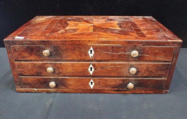 A GEORGE III ROSEWOOD AND BURRWOOD THREE-DRAWER TABLE CHEST