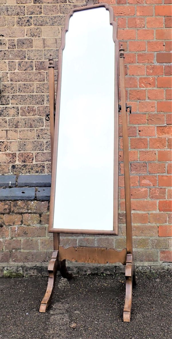 A MAHOGANY FRAMED CHEVAL MIRROR, THE PLATE WITH SHAPED TOP