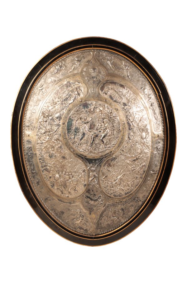 A VICTORIAN ELECTROTYPE SILVER PLATED AND GILDED OVAL SHIELD