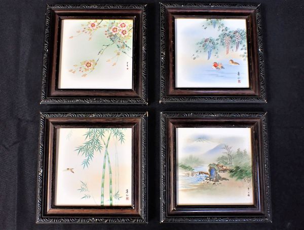 FOUR OCCUPIED JAPAN TILES, PAINTED WITH SCENES