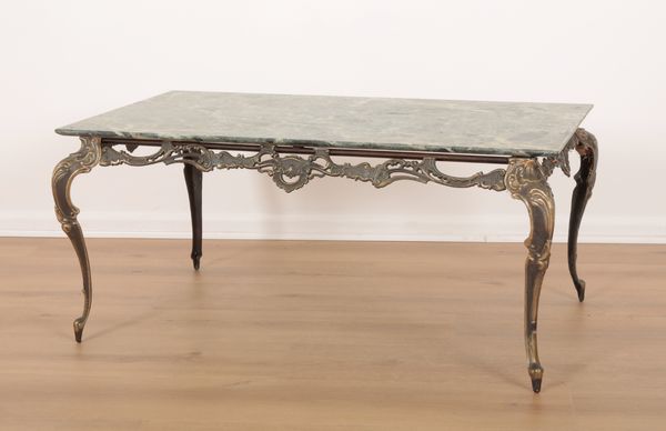 A GILT METAL AND MARBLE TOPPED COFFEE TABLE