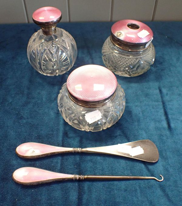 A SILVER AND PINK GUILLOCHE ENAMELLED TOP SCENT BOTTLE