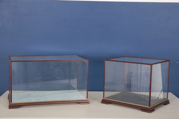 TWO MAHOGANY FINISH RECTANGULAR GLAZED DISPLAY CASES BY DSC SHOWCASES