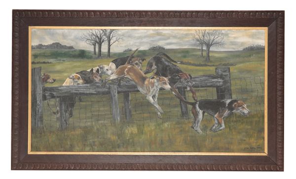 JEAN TERRY (20TH CENTURY), Hounds leaping a fence