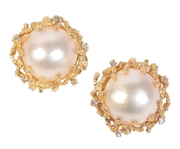 A PAIR OF 14CT GOLD MABE PEARL AND DIAMOND EARRINGS
