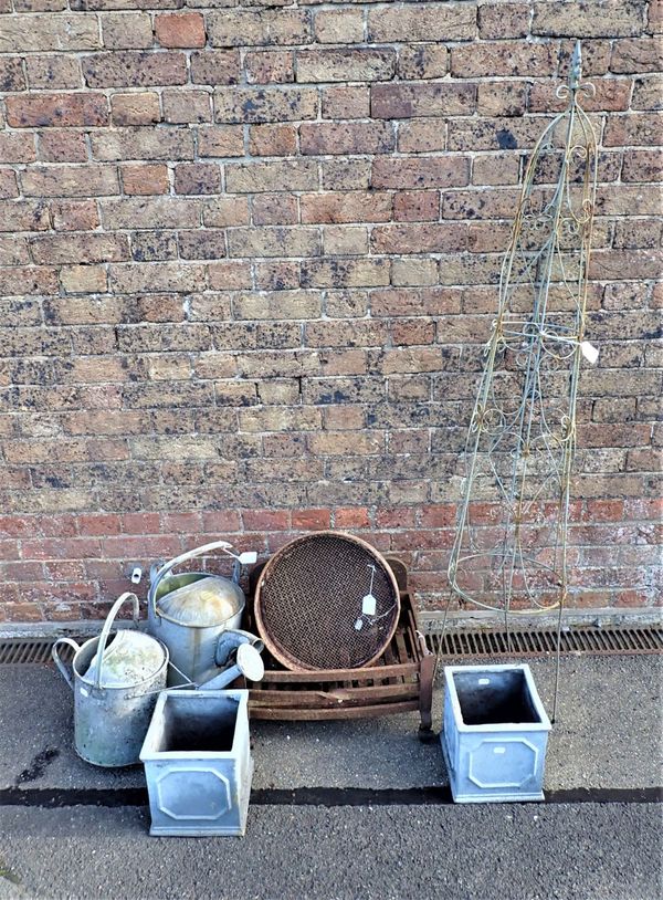 A FIRE BASKET, TWO GALVANISED WATERING CANS