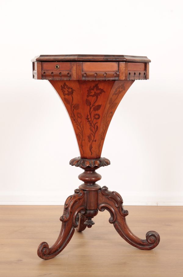 A VICTORIAN ROSEWOOD AND MARQUETRY SEWING TABLE
