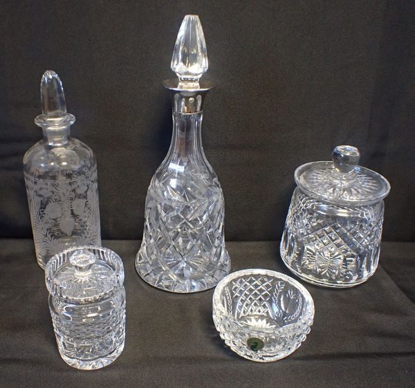 A SILVER-COLLARED CUT-GLASS DECANTER