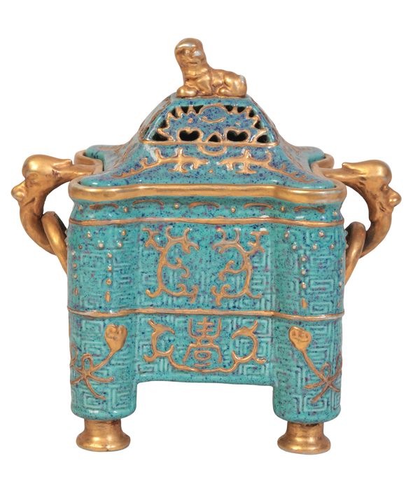 A CHINESE PORCELAIN ROBIN'S EGG AND GILT INSENCE BURNER