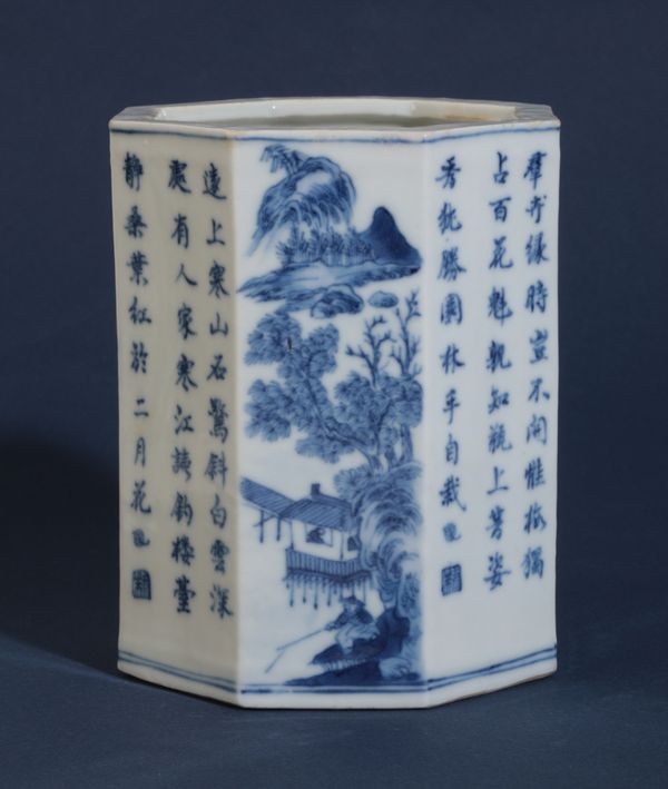 A CHINESE BLUE AND WHITE OCTAGONAL BITONG