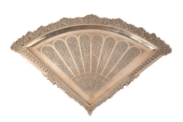 AN EASTERN WHITE METAL FAN SHAPED TRAY