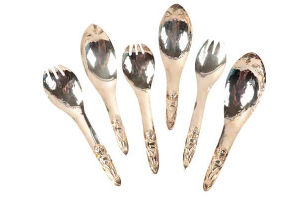 THREE PAIRS OF CANADIAN ‘KWAKIUTL INDIAN’ SILVER PLATED SALAD SERVERS