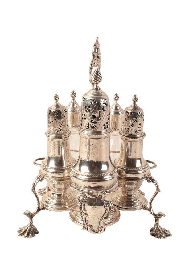 AN EARLY GEORGE III SILVER FIVE BOTTLE CRUET