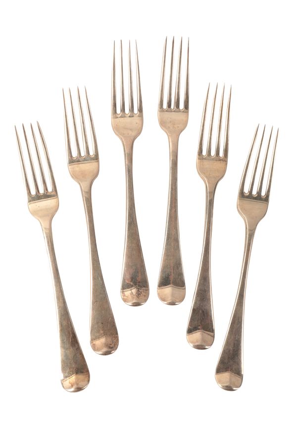 SIX GEORGE III SILVER HANOVERIAN PATTERN TABLE FORKS