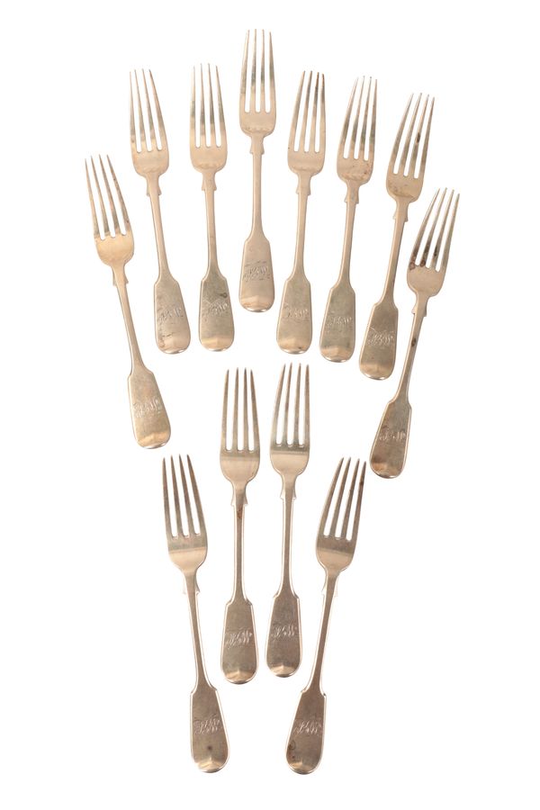 A SET OF TWELVE VICTORIAN SILVER FIDDLE PATTERN DESSERT FORKS