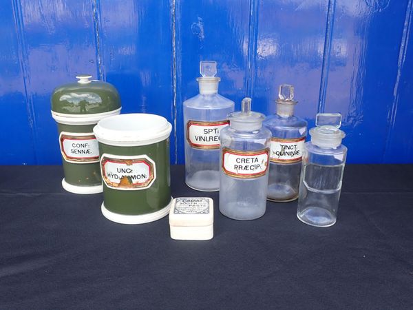 A GROUP OF 19TH CENTURY GLASS AND POTTERY APOTHECARY'S  BOTTLES