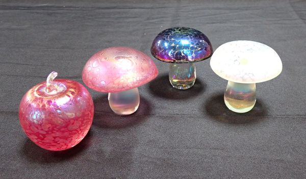 THREE GLASS MUSHROOM PAPERWEIGHTS