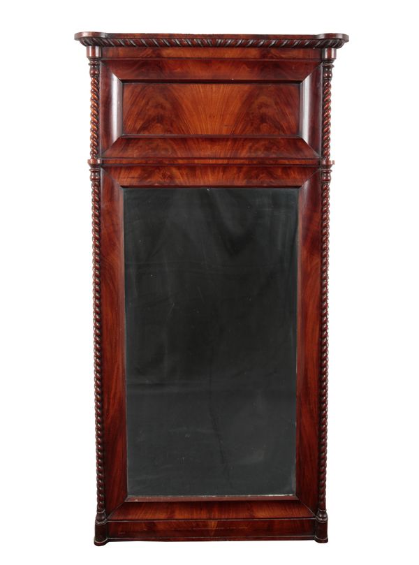 A GEORGE IV FIGURED MAHOGANY PIER MIRROR