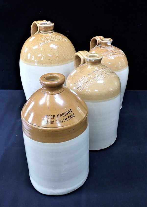 FOUR LARGE STONEWARE FLAGONS, SOME DORSET COMPANIES