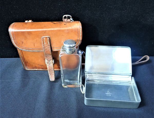 A SILVER TOPPED SPORTSMAN LEATHER CASED SANDWICH BOX