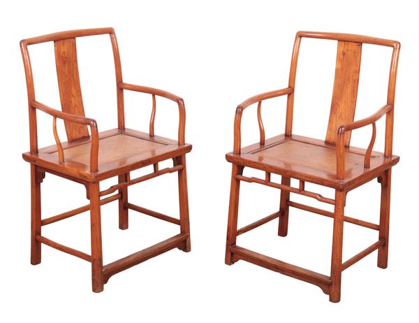 A PAIR OF CHINESE ELM OPEN ARMCHAIRS
