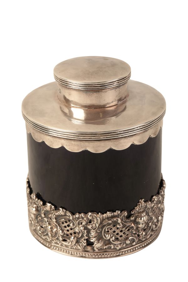 A VICTORIAN SILVER AND 'BRISTOL BLUE' GLASS CYLINDRICAL TEA CADDY