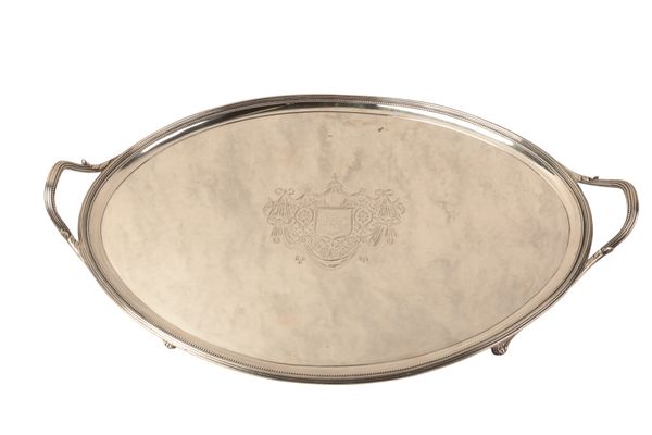 A GEORGE III SILVER OVAL TWO HANDLED TRAY