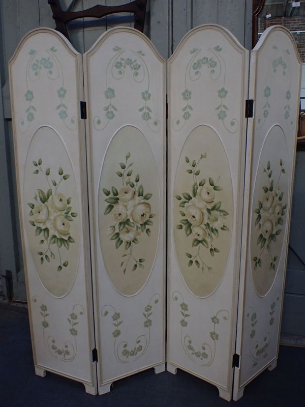 A FLORAL PAINTED FOUR-PANEL SCREEN