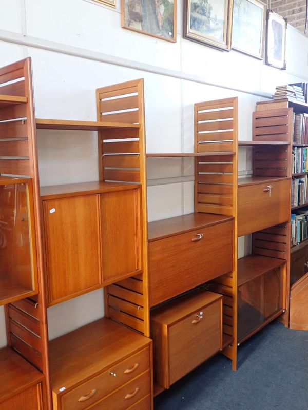 A GOOD RUN OF TEAK LADDERAX WALL SHELVING (WOODEN UPRIGHTS)