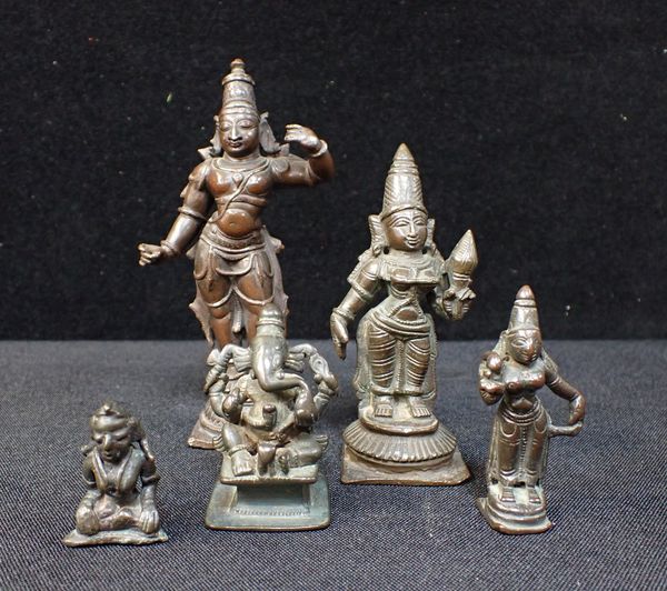 FIVE INDIAN BRONZE DOMESTIC DEITY FIGURES