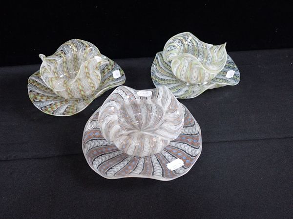 THREE VENETIAN LATTICINO GLASS BOWLS WITH STANDS