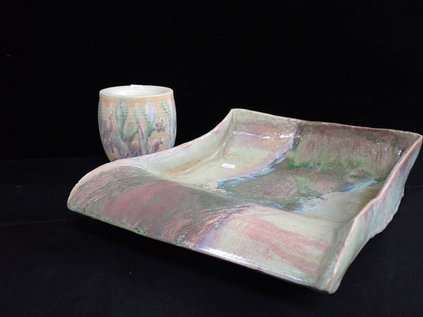 AN ART POTTERY DISH, OF WAVY RECTANGULAR FORM