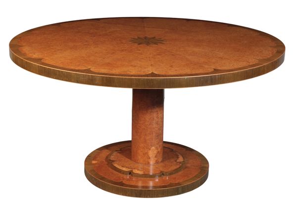 MANNER OF DAVID LINLEY (B. 1961):  A BURR ELM AND SYCAMORE BREAKFAST TABLE