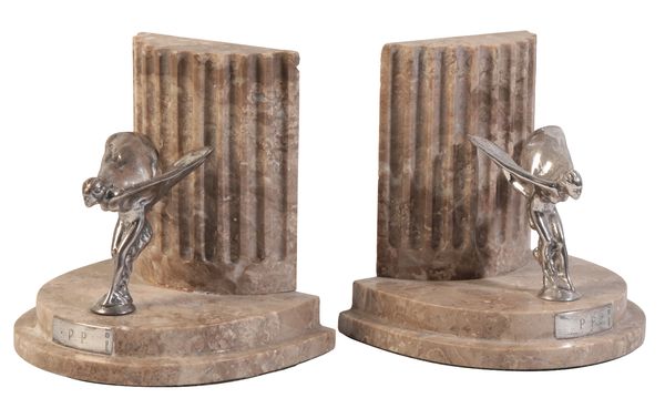 ROLLS ROYCE INTEREST: A PAIR OF GEORGE V SILVER MOUNTED MARBLE BOOKENDS