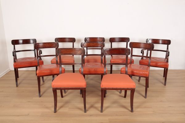 A SET OF TEN LATE REGENCY MAHOGANY DINING CHAIRS