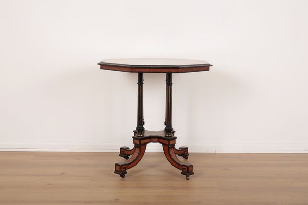 A VICTORIAN AESTHETIC BURR WOOD, EBONY AND PARQUETRY OCCASIONAL TABLE