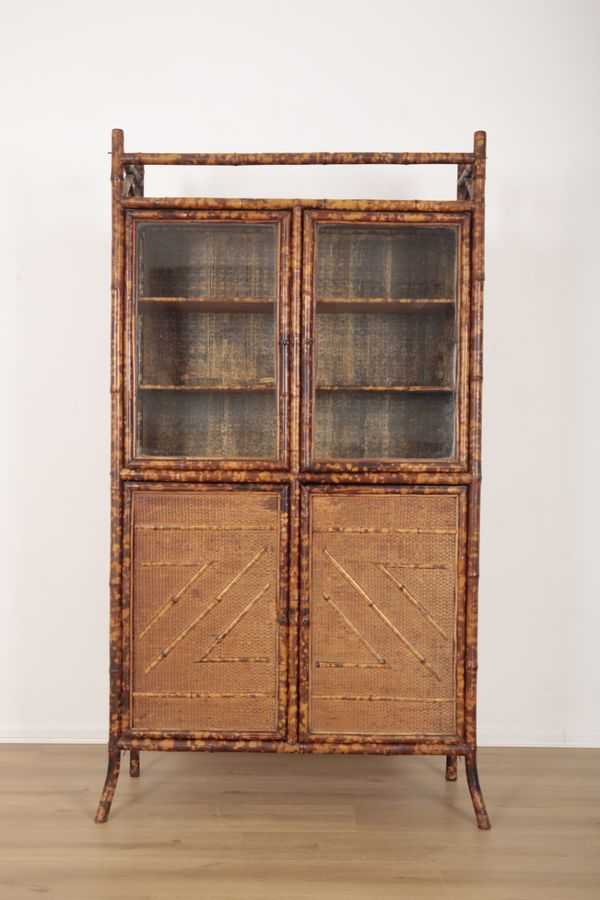 A VICTORIAN BAMBOO AND GLAZED DISPLAY CABINET