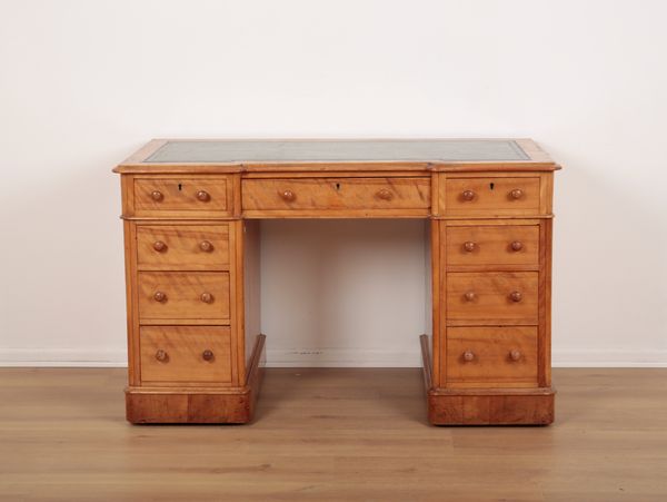 A VICTORIAN SATINWOOD PEDESTAL DESK