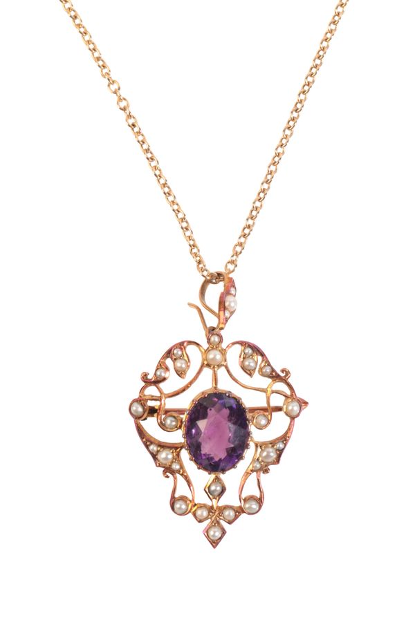 AN EDWARDIAN AMETHYST AND SEED PEARL PENDANT