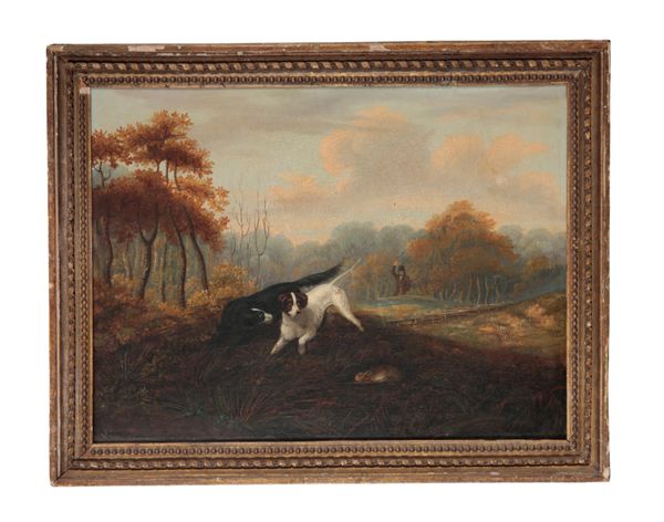 AN UNSIGNED OIL ON CANVAS OF TWO SPORTING DOGS